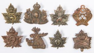 8 WWI CEF, Mounted Rifles cap badges: 1st, 2nd (soldered slider), 3rd, 4th (damaged), 5th, 6th,