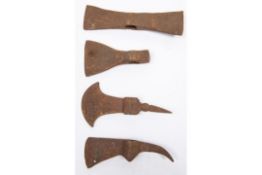 An old iron "tomahawk" head, 7" overall, an Indian iron axe head; a double headed iron axe head (