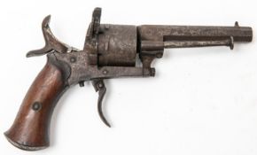 A Belgian 6 shot 7mm pin fire open frame double action revolver, 6½" overall, octagonal barrel