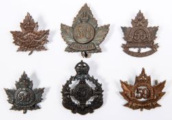 6 WWI CEF Infantry cap badges: 54th, 55th, 56th, 57th by Caron Bros, 58th with slider by Tiptaft,
