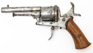 A Belgian 6 shot 7mm pin fire open frame double action revolver, 7" overall, octagonal barrel 3-1/