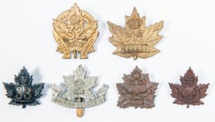6 WWI CEF Infantry cap badges: 30th maple leaf type by Tiptaft (slider), 31st by Tiptaft, 32nd, 33rd