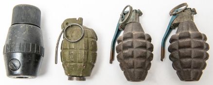 A WWII No 36 grenade, training type (repainted); a No 69 Stun grenade dated 1940 (base plug