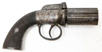 A 6 shot 160 bore self cocking bar hammer percussion pepperbox revolver, 7" overall, barrels 2¼",