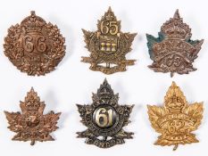 6 WWI CEF Infantry cap badges: 61st by Inglis, 62nd, 63rd by Jackson Bros (some verdigris), 64th,