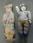 A stuffed fabric print doll of a WWI soldier, 17"; a decorated composition and fabric doll of a US