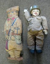 A stuffed fabric print doll of a WWI soldier, 17"; a decorated composition and fabric doll of a US