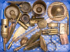 A collection of WWI trench art items, mostly brass, comprising: 7 paper knives, 2 cigarette