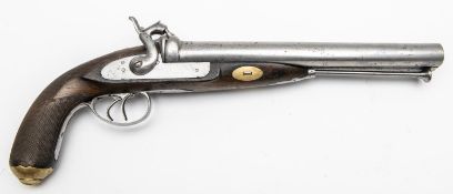 A Belgian double barrelled 10 bore percussion holster pistol, 15½" overall, barrels 10", plain