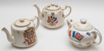 A patriotic teapot celebrating the end of WWI, decorated with flags of the allies, heads of allied
