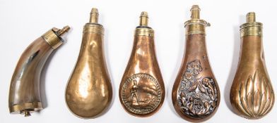Three embossed copper gun size powder flasks: "Bird amid foliage" (R737 with patent top), dented