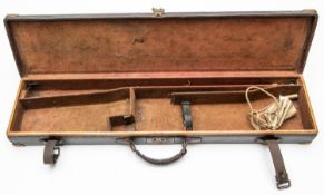 A brass bound leather covered gun case for a DB gun with 30" barrels, the lid impressed with