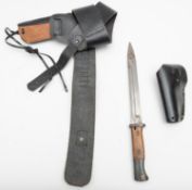 A Belgian Mauser bayonet, no scabbard; a black leather open top holster and belt with dummy