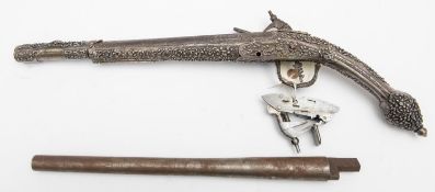 An 18th century Balkan 22 bore miquelet flintlock holster pistol, 19" overall, Spanish (?) barrel