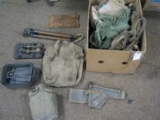 A Mk V signal tel stand (tripod), dated 1914; a WWII Tank crew holster; 2 pairs of goggles; also