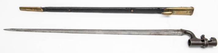 A P1876 triangular socket bayonet for the Martini Henry rifle, blade 21½", in its brass mounted