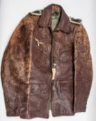 A Third Reich Luftwaffe NCO's brown leather flying jacket, embroidered breast eagle and braid