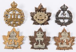 6 WWI CEF Infantry cap badges 1st by Hicks, 2nd by Tiptaft, 3rd by Gaunt, 4th by Tiptaft, 5th, and