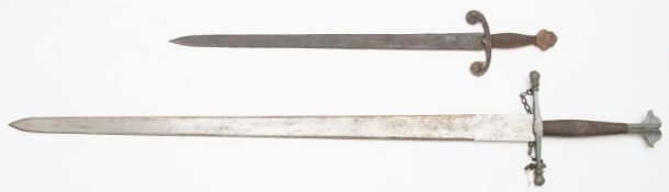 A replica mediaeval sword, DE blade 38", wire bound grip alloy mounted handle; another similar DE