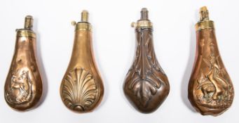 Four embossed copper gun size powder flasks: "Foliage" (R654, common top, no rings), dent on one