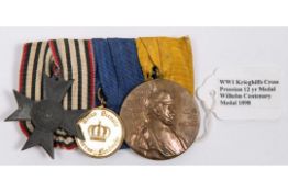 WWI German medal trio: Prussian Kriegshilfe cross, Reserve Landwehr medal 2nd class, and Wilhelm I