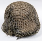 A Third Reich steel helmet M1936, leather lining, with British netting cover GC (lining dried