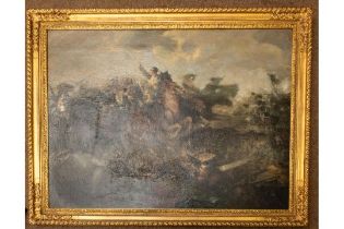 A vivid oil on canvas of a cavalry skirmish during the Waterloo campaign, the reverse canvas