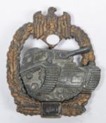 A Third Reich Tank Assault badge, 100 actions, gilt and grey metal finish, hollow back. GC £2000-