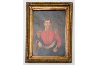 An oil on canvas of an unidentifed youthful mid 19th century officer, in scarlet uniform with high