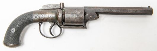 A 6 shot 60 bore self cocking bar hammer open frame transitional percussion revolver, 12½"