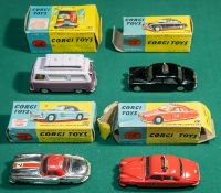 4 Corgi Toys. Riley Pathfinder Police car (209). In black. 2.4 Jaguar Fire Service Car (213), in