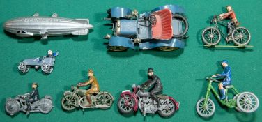 8 Vintage metal toys to include, Tootsie toys Airship, White metal model of a 1904 Darracq car(