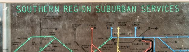 Two rare glass Southern Railway "Southern Region Suburban Services Maps". Mirrored glass with