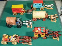 6 plastic Timpo wagons, to include, Clay County Jail wagon, with Horse and Figures, 2 Covered wagons