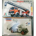 3x Model kits, 1:24 scale EMHAR Bedford "OSBT" 5-ton SWB Tipper truck, 1:24 scale Italeri Iveco