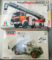 3x Model kits, 1:24 scale EMHAR Bedford "OSBT" 5-ton SWB Tipper truck, 1:24 scale Italeri Iveco