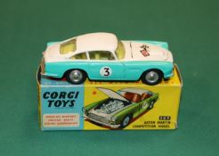 Corgi Toys Aston Martin Competition Model (309). In white and turquoise, with crossed flags to