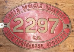 A South African Railways cab side numberplate 2297, From a 3ft 6in gauge 15F 4-8-2 built by the