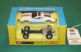 Corgi Toys Ghia 5000 Mangusta with De Tomaso Chassis (271). In white and light blue with stripe to