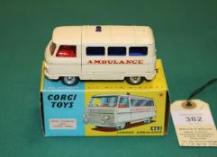 Corgi Toys Commer Ambulance (463). An example in cream with red interior and dark blue windows,