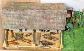 Britains stable yard diorama bespoke and well made and containing a wooden stable, a hay wagon, 2