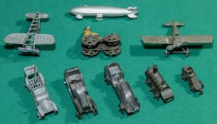 9 Antique Penny Toys. Including 2x Mono planes, 2 Veteran cars, A veteran car with mounted gun in