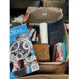 A box of misc collectables including tin money box, figures, watch catalogue, Police group photo,