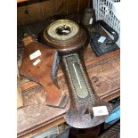 Old bellows, an old barometer with enamel face, small metal iron and a weight.