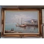 20th century school, harbour scene with boats, 91cm x 60cm, signed 'Damead', gilt frame.