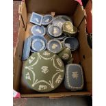 A box of Wedgwood Jasper ware, plates etc.