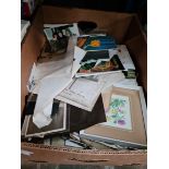 A box of vintage postcards, photographs and ephemera