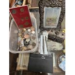 A tub of mixed items including coins, white metal chest, wooden photo frame with embossed hallmarked