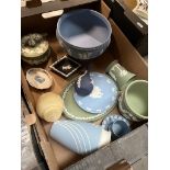 A box of Wedgwood JAsper ware including Peter Rabbit, stylised vase, yellow vase etc.