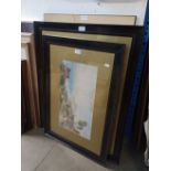 A print, an Oriental silk picture and two watercolours.